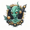 simple girl alien peace sign bursting out of galaxy filled with stars tattoo design idea