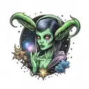 simple girl alien peace sign bursting out of galaxy filled with stars tattoo design idea