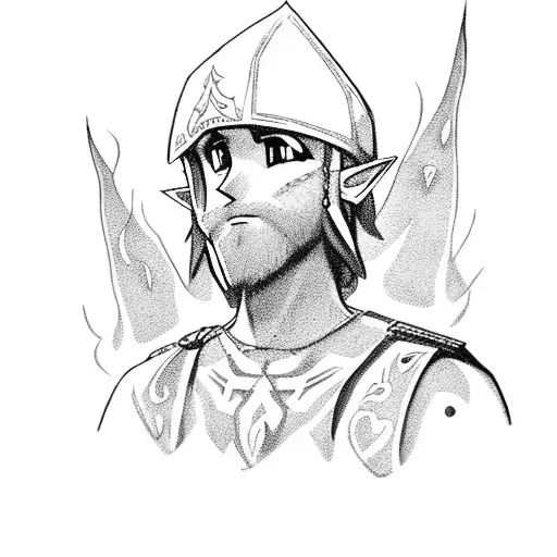 Link sitting at a fire surrounded by elements tattoo design idea