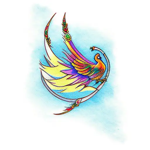 Phoenix  with Peacock feather and flute  tattoo design idea