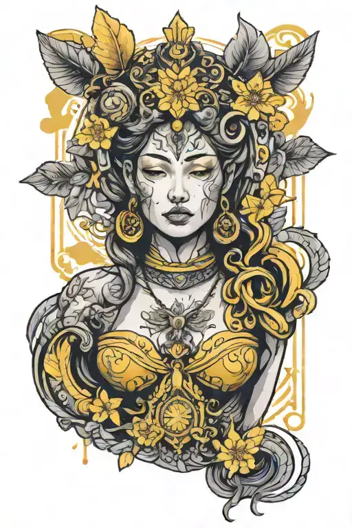 female goddess with traditional neo arrangements that is seen from the chest up and highlights the yellow colors and not tattoo design idea