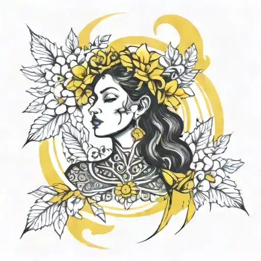 goddess woman with neo-traditional arrangements that can be seen from the chest up and highlight the yellow colors and are not tattoo design idea