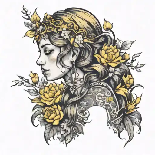 goddess woman with arrangements that can be seen from the chest up and highlights the yellow colors and is sexy and not oriental tattoo design idea