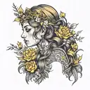 goddess woman with arrangements that can be seen from the chest up and highlights the yellow colors and is sexy and not oriental tattoo design idea