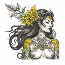 goddess woman with arrangements that can be seen from the chest up and highlights the yellow colors and is sexy and not oriental tattoo design idea