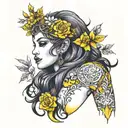 goddess woman with arrangements that can be seen from the chest up and highlights the yellow colors and is sexy and not oriental tattoo design idea