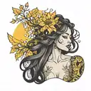 goddess woman with arrangements that can be seen from the chest up and highlights the yellow colors and is sexy and not oriental tattoo design idea
