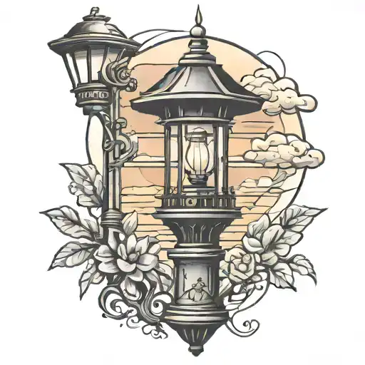 Sunrise inside of an old lamp post tattoo design idea