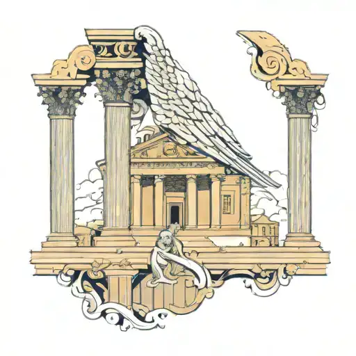 an angel who falls down against the backdrop of a building with pillars in the ancient Greek style and below is a reflection of this building, which ra tattoo design idea
