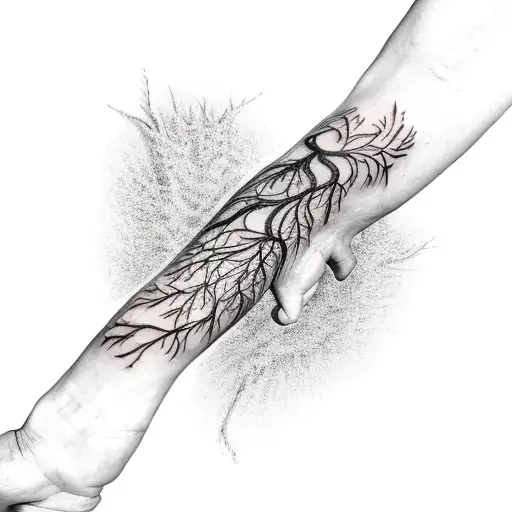 Tree of life tattoo with 5 main branches and 3 mains roots, one of them  bigger and deeper that ends in 2 roots tattoo idea | TattoosAI