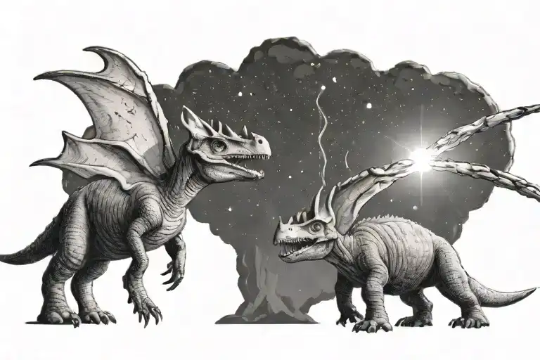 trisaratops and bronchiosaurus looking up at a shooting meteor  tattoo design idea