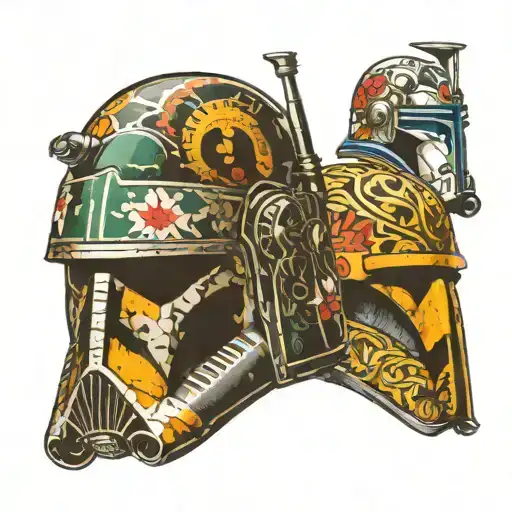Four vertical segments of helmets from Star Wars. Include Captain Rex, Commander Cody, Darth Vader, and Boba Fett.  tattoo design idea