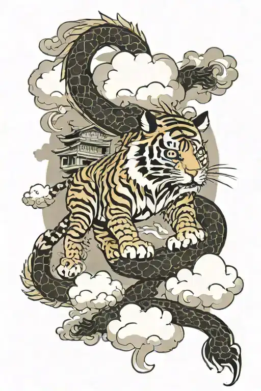 tiger and dragon with clouds and traditional Japanese buildings in the background tattoo design idea