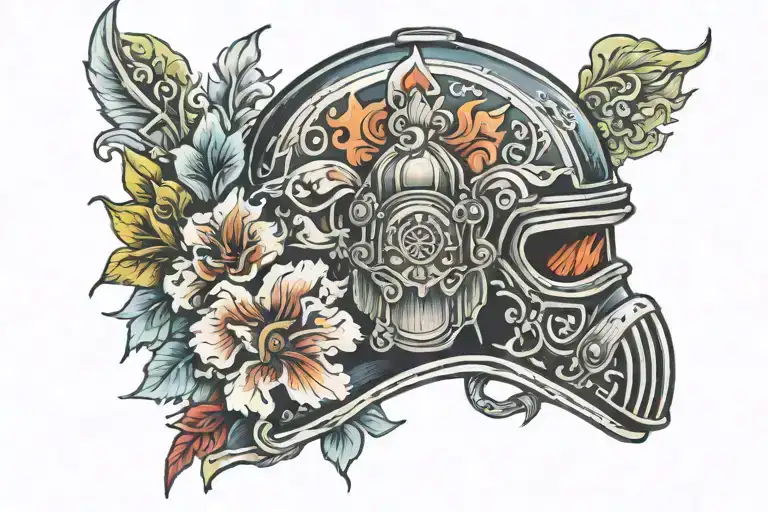 fire helmet, flowers   tattoo design idea