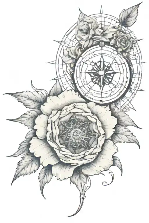 Tattoo on the elbow, the web harmoniously merges with the wind rose and turns into an opium poppy and a doctor stands nearby tattoo design idea