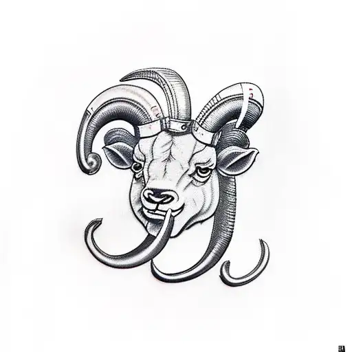 Dominant Ram wearing metal forehead protector helmet cap with tightly curled horns.  tattoo design idea