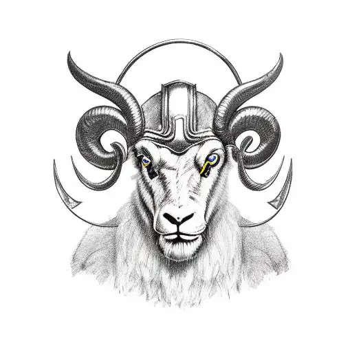 Dominant Ram wearing metal forehead protector helmet cap with tightly curled horns.  tattoo design idea