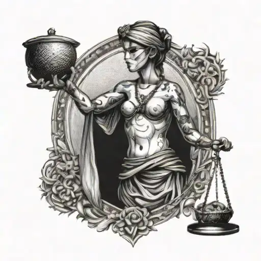 Person standing upright, gracefully holding scales in both hands, symbolizing balance. With eyes blindfolded tattoo design idea