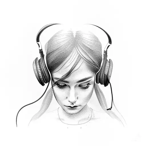 cello, headphones and a lady's eyes tattoo design idea
