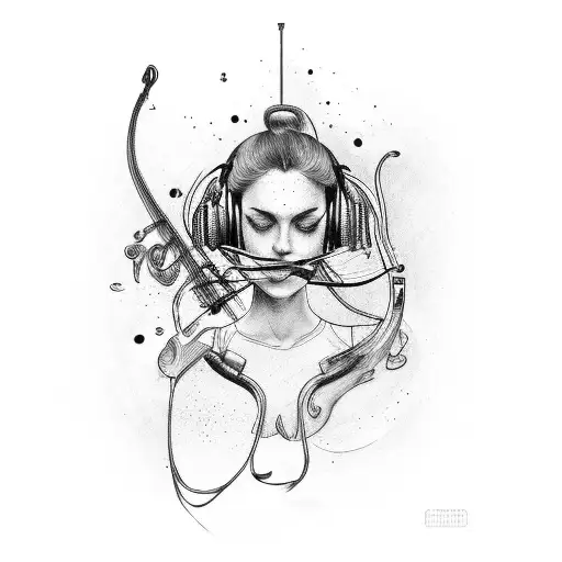 cello with headphones and a lady's eyes tattoo design idea