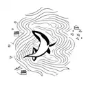 A minimalist tattoo of an orca swimming in a sea of books. tattoo design idea