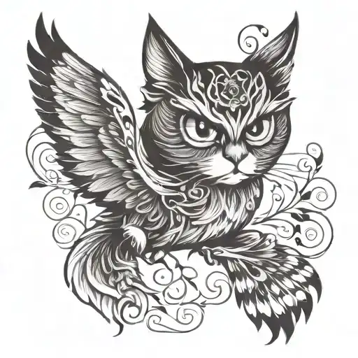 wispy cat with owl in flight within its shadow. tattoo design idea