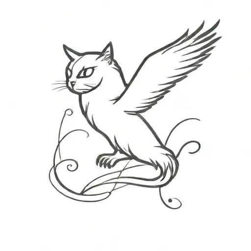 wispy cat with owl in flight within its shadow. tattoo design idea