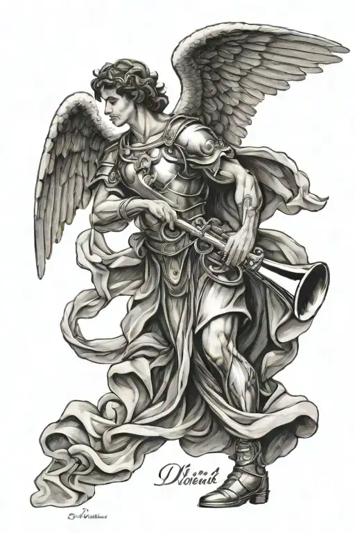 Archangel Michael, Angel looking up at him with trumpet, the word "Psalms 91" going up, the name Diane at the wrist,  tattoo design idea
