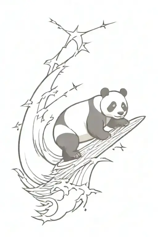 panda surfing a large wave in a storm with lightning and with anchor and planets for upper arm tattoo design idea