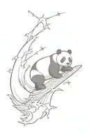 panda surfing a large wave in a storm with lightning and with anchor and planets for upper arm tattoo design idea
