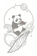 panda surfing a large wave in a storm with lightning and with anchor and planets for upper arm tattoo design idea
