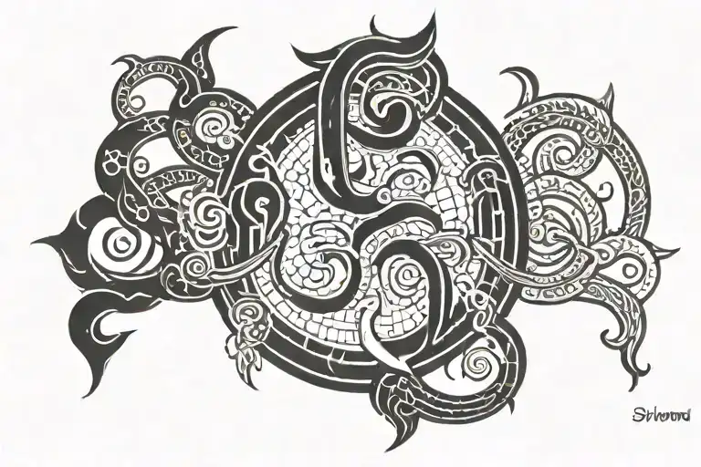 1 dark line above another line. between the 2 lines 'om namah shivaya' is written with a trident crossing through text tattoo design idea