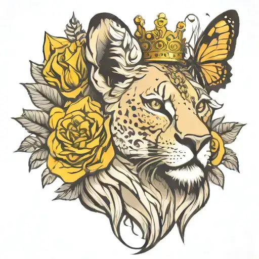 lioness crown butterfly tattoo design idea