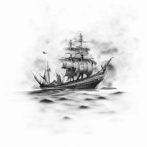 ship on fire tattoo design idea