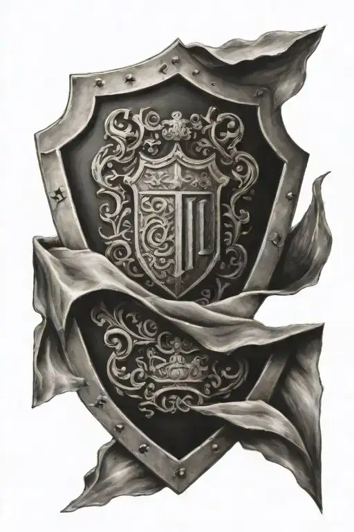 Black and grey very dark shaded shield realism tattoo with letters J on left side of shield and letter A on right side o tattoo design idea