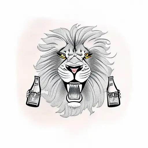 A fierce lion riding a motorcycle through a field of beer bottles tattoo design idea