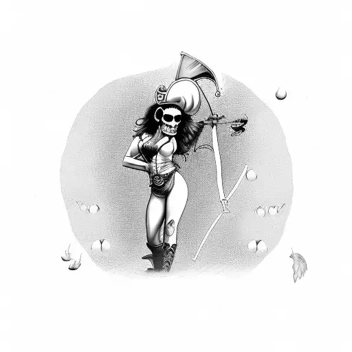 A sexy pirate girl throwing darts at a skull target tattoo design idea