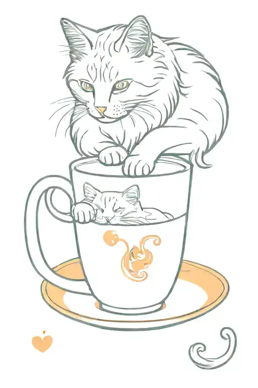 Domestic orange and white longhair cat drinking from a teacup tattoo design idea
