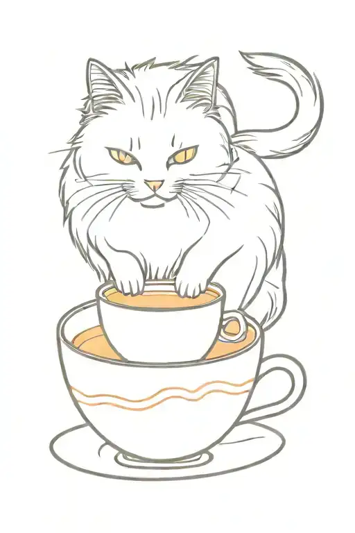 white and orange Domestic Longhair cat drinking milk from a teacup tattoo design idea