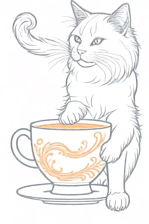 Domestic longhair cat with white and orange fur drinking from a teacup tattoo design idea