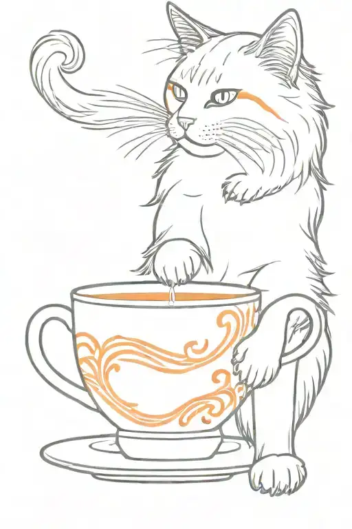 Domestic longhair cat with white and orange fur drinking milk from a teacup tattoo design idea