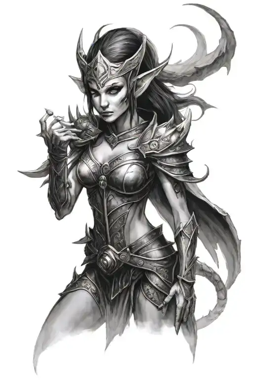 skyrim dark elf woman posing dragon flying tattoo design idea