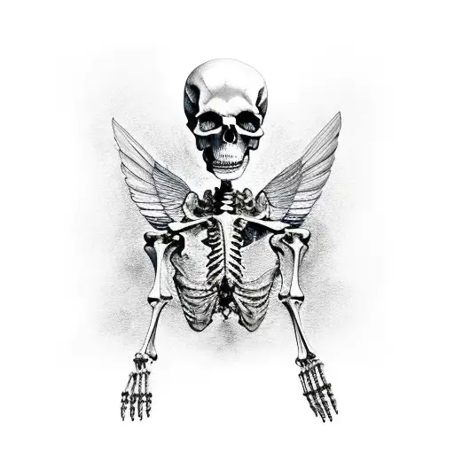 Half human half skeleton flying through the air with wings made of bones tattoo design idea