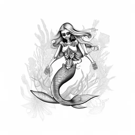Mermaid flowers skeleton tattoo design idea