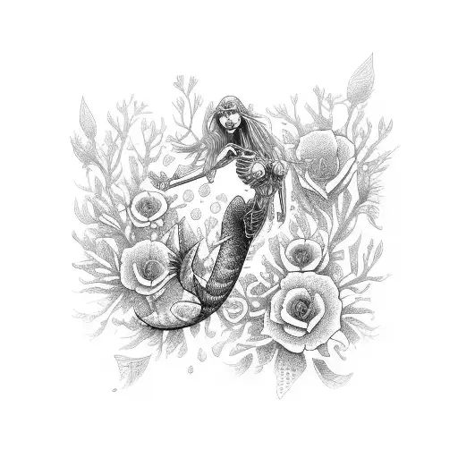 Mermaid flowers skeleton tattoo design idea