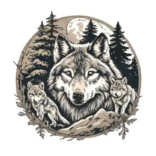 wolf with cubs and background forest with moon   tattoo design idea