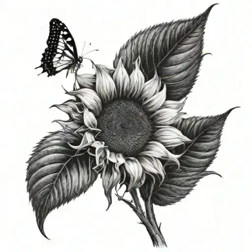 I want a sunflower, half in color and the other half in black and white, with the stem saying little sunflower in cursive tattoo design idea