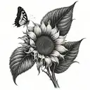 I want a sunflower, half in color and the other half in black and white, with the stem saying little sunflower in cursive tattoo design idea