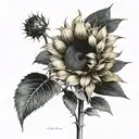 I want a sunflower, half in color and the other half in black and white, with the stem saying little sunflower in cursive tattoo design idea