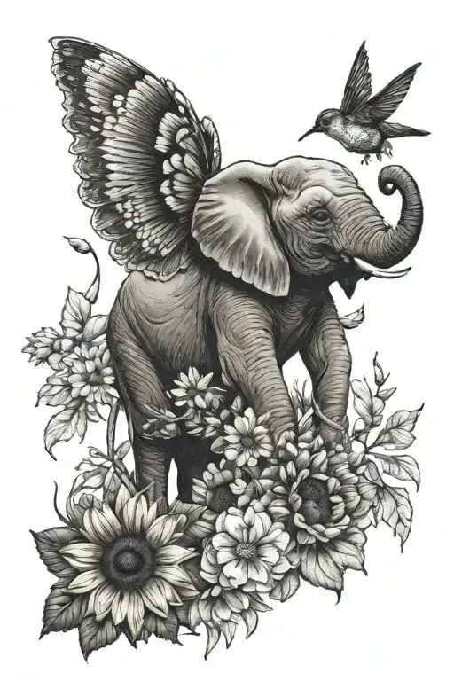 elephant, sunflower, carnations, hummingbird flying tattoo design idea